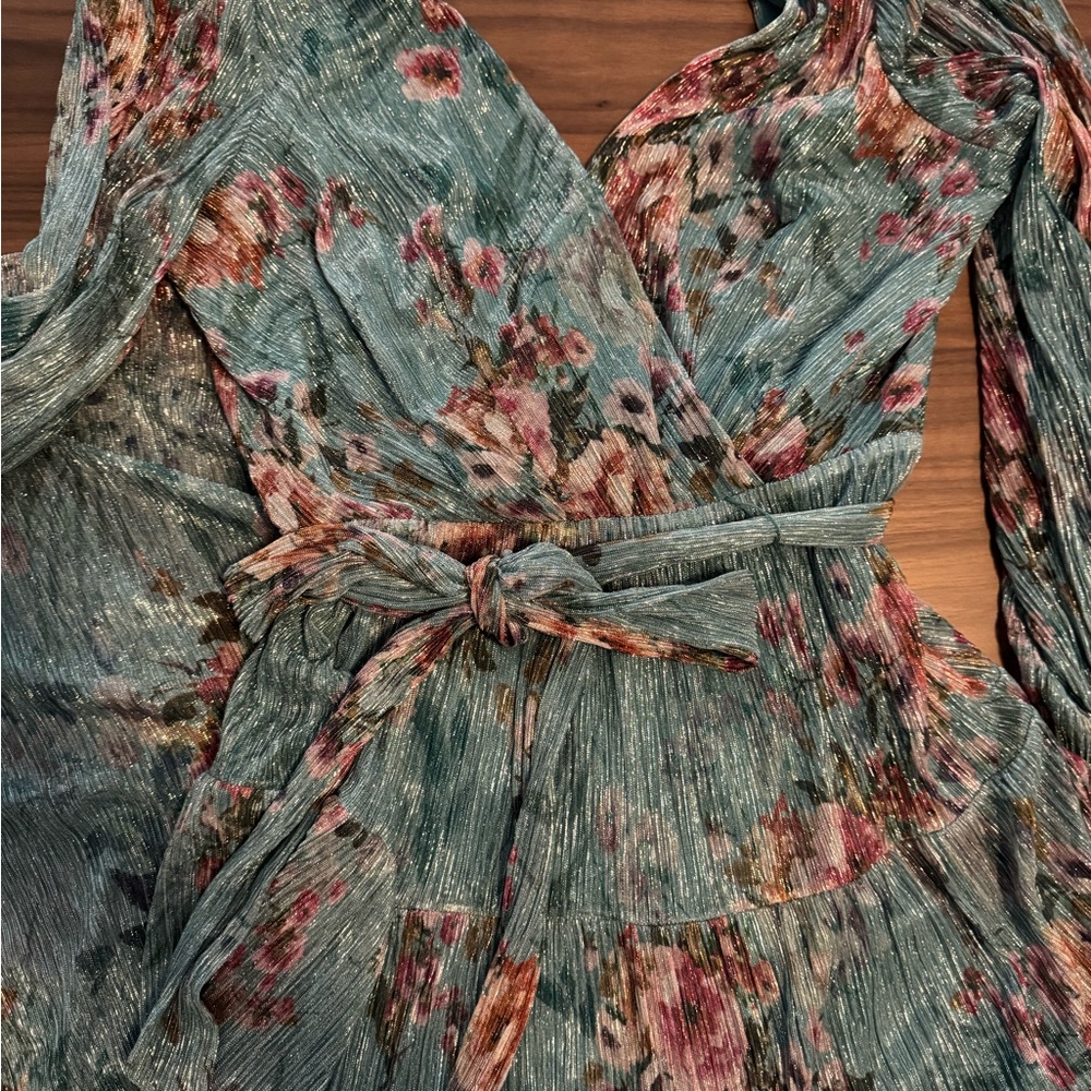Eliza J Teal Floral Maxi Gown with V-Neck- Size 10 - Picture 3 of 4